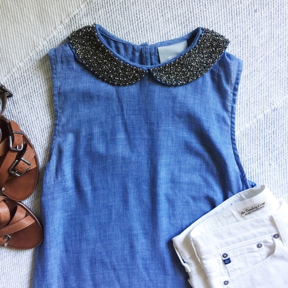 Anthropologie Beaded Collar Chambray Top